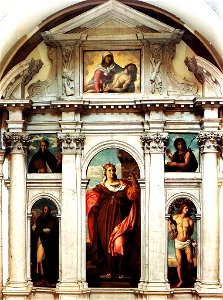 Palma il Vecchio - pala di santa Barbara - Chiesa di Santa Maria Formosa, Venezia. Free illustration for personal and commercial use.