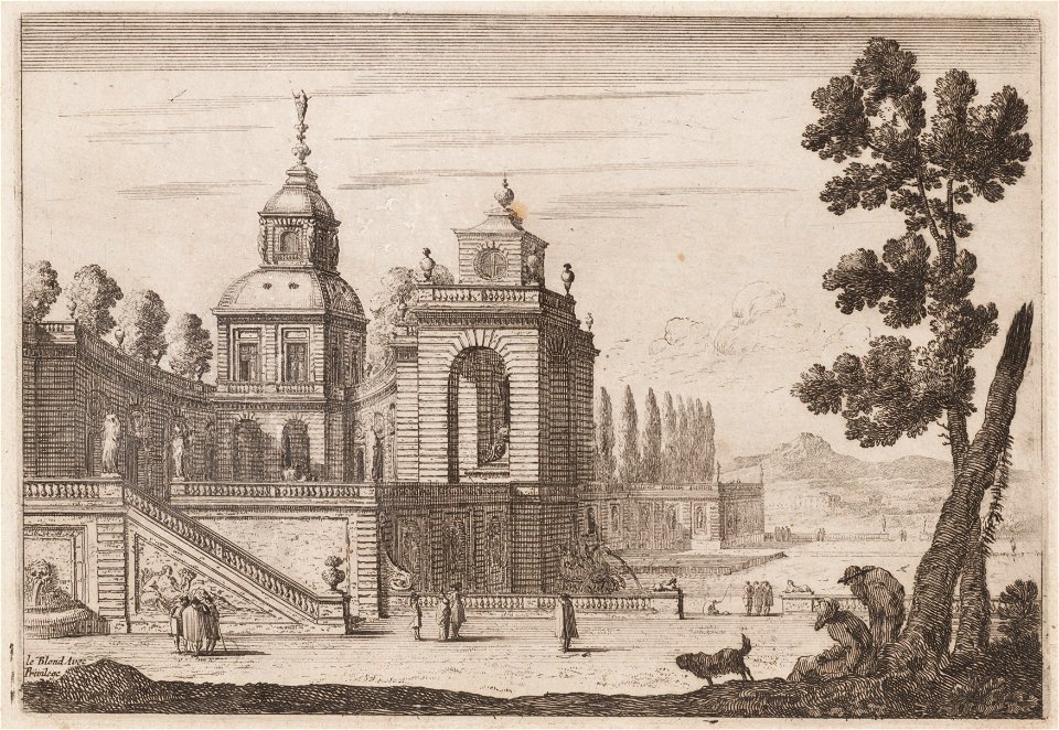 Paleis met uitzicht op vijver en fontein met zeefiguren, objectnr A 13371