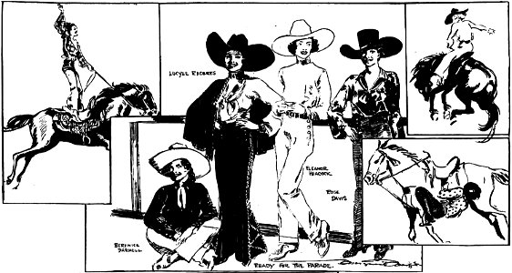 Panel of four women rodeo riders drawn by Marguerite Martyn, 1933