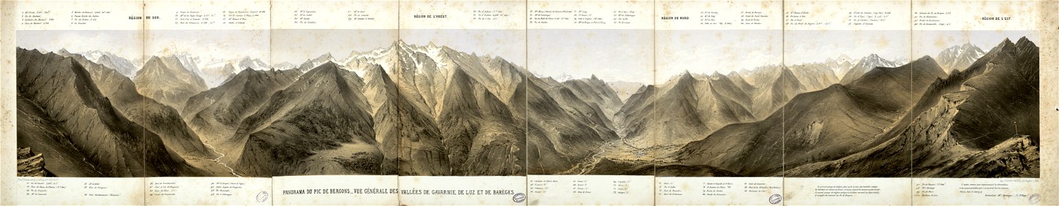 Panorama du Pic de Bergons - Vue générale des Vallées de Gavarnie, de Luz et de Barèges dessinée d'après nature et lithographiée par Victor Petit - Fonds Ancely - B315556101 A PETIT 4 002