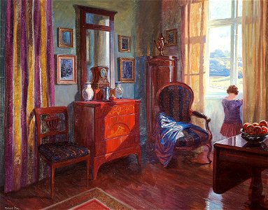 Robert Panitzsch - Interiør med en lille pige, der kigger ud af vinduet. Free illustration for personal and commercial use.