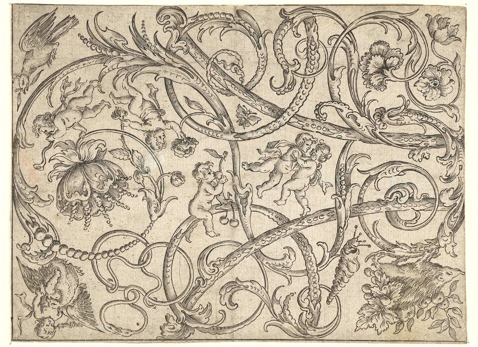 Paneel met bladranken, bloemen, vogels en spelende putti