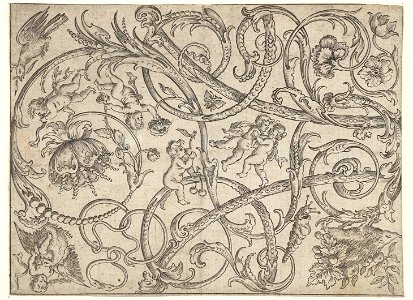 Paneel met bladranken, bloemen, vogels en spelende putti