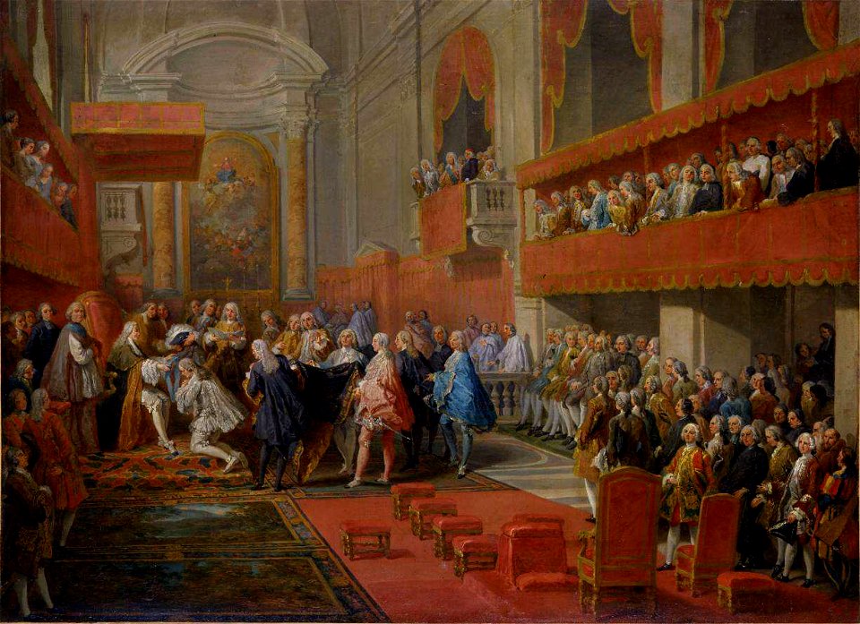 Pannini - La Remise de l'ordre du Saint-Esprit au prince Vaini par le duc de Saint-Aignan en l'église Saint-Louis-des-Français, le 15 septembre 1737