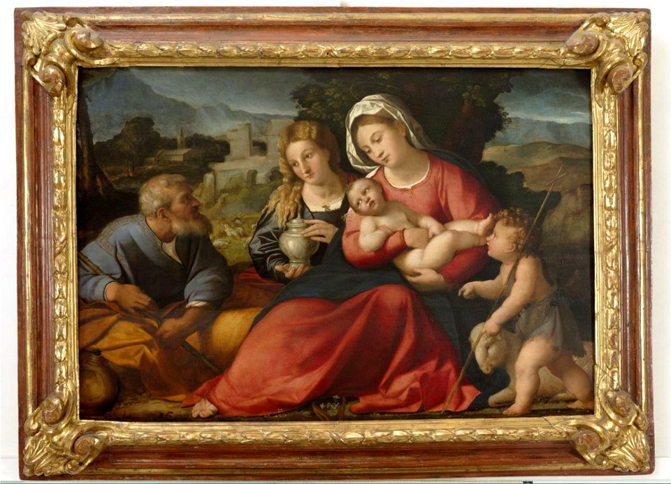 Palma il Vecchio - Sacra Famiglia con San Giovanni Battista bambino e Santa Maria Maddalena, 00287388. Free illustration for personal and commercial use.