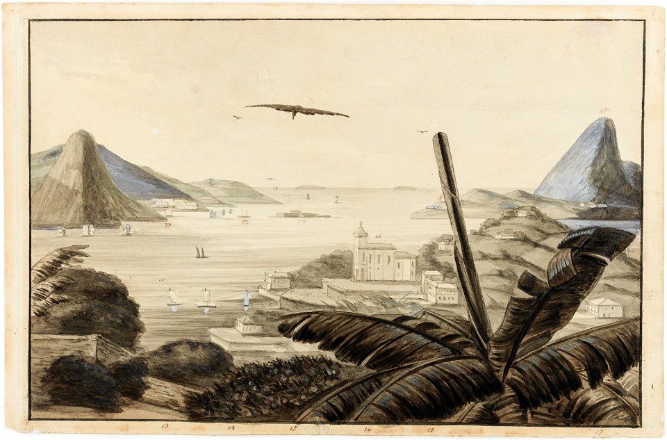 Panorama de la Baie de Rio-Janeiro Sta. Cruz, Garde Côte, Fort Square Island, Eglise de Notre Dame da Gloria, Pão de Assucar (Mnt. Pain de Sucre), San João Fort St. Jean, da Coleção Brasiliana Iconográfica