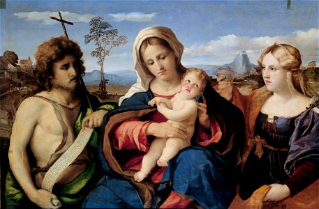Palma il Vecchio (Jacopo Negretti) - Madonna and Child with Saint John the Baptist and Magdalene - Google Art Project. Free illustration for personal and commercial use.