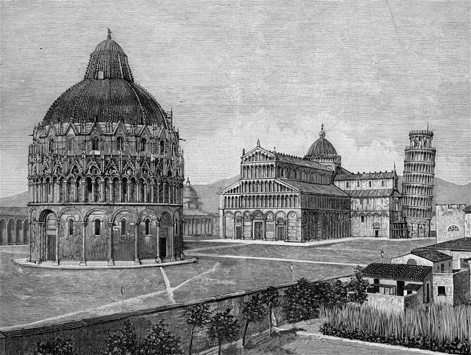 Panorama della Piazza del Duomo Il Battistero – Il Duomo – La Torre (xilografia)