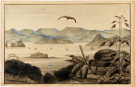 Panorama de la Baie de Rio-Janeiro Prise de Santa Therese Egl. de Notre Dame du Bon Voyage, Fort Villeganhon, Habitation Geimard, Plage de Cavallão, Jurujuba, da Coleção Brasiliana Iconográfica