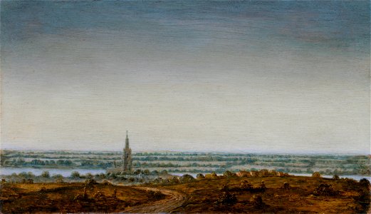Panorama over a city at a river, by Hercules Segers