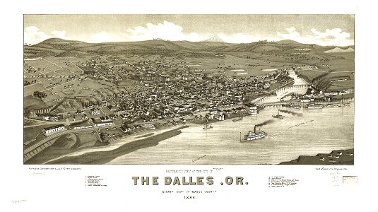 Panoramic view of the city of The Dalles, Or. county seat of Wasco County 1884. LOC 75694942