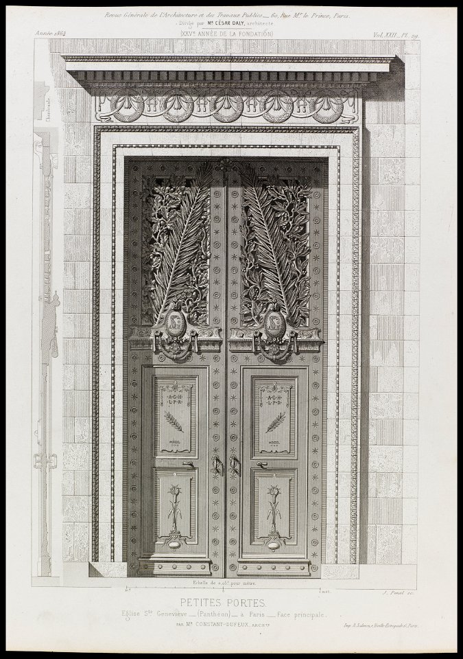 Panthéon - Petites portes. Église Sainte-Geneviève (Panthéon) à Paris. Face principale (phbw10 0861)