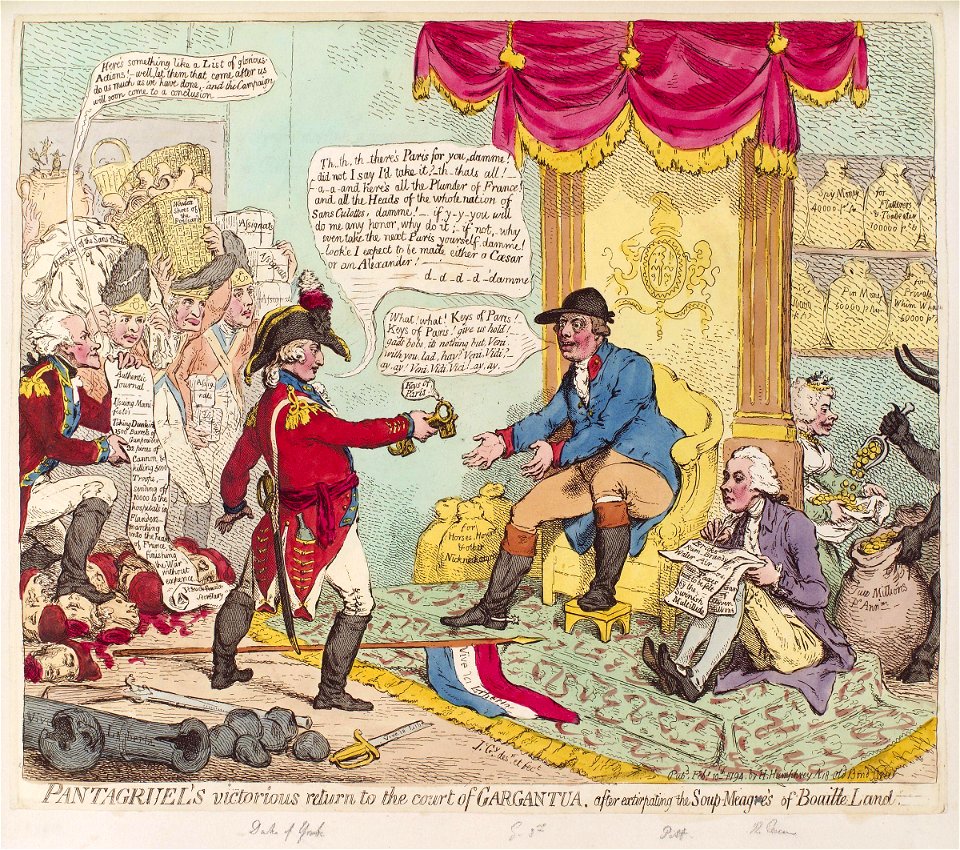 Pantagruel's victorious return to the court of Gargantua. After extirpating the soup-meagres of Bouille land by James Gillray