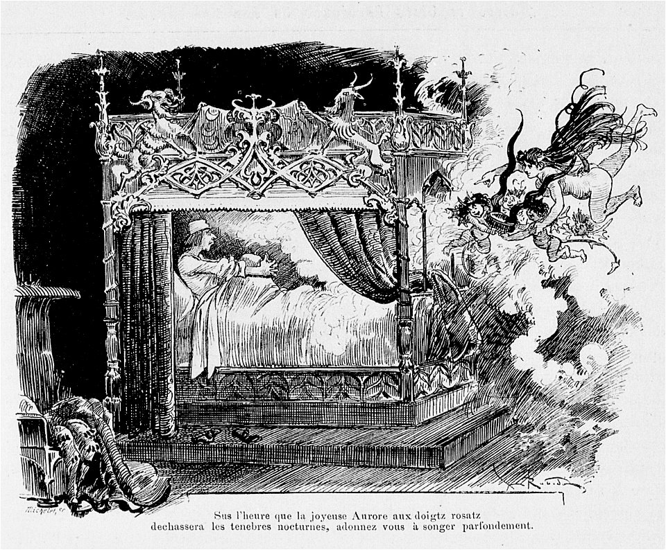 Panurge s'apprête à songer - Tiers Livre de Rabelais illustré par Albert Robida, chap. XIII