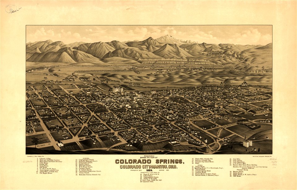 Panoramic bird's eye view of Colorado Springs, Colorado City and Manitou, Colo. 1882. LOC 75693126