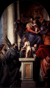 Paolo Veronese - Enthroned Madonna and Child, with the Infant St John the Baptist and Saints - WGA24814. Free illustration for personal and commercial use.