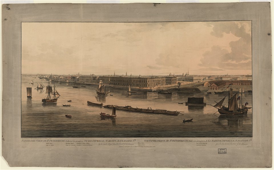 Panoramic view of St. Petersburg, dedicated by permission to his Imperial Majesty Alexander 1st. by his much obliged humble servant J.A. Atkinson - drawn on the spot by J.A. Atkinson, from LCCN92503676