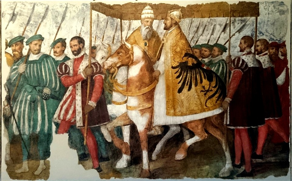 Papa Clemente VII e l'imperatore Carlo V a cavallo sotto un baldacchino (8 de agosto de 2018, Museo degli affreschi Giovanni Battista Cavalcaselle, Verona)