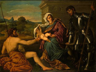 Paris Bordone - Madonna and Child with Saint John the Baptist and Saint George (Holy Conversation) - Google Art Project