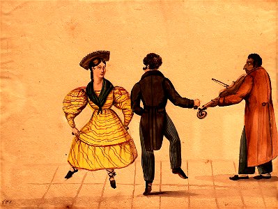 Pareja bailando al son de un violín. ca. 1834-1841