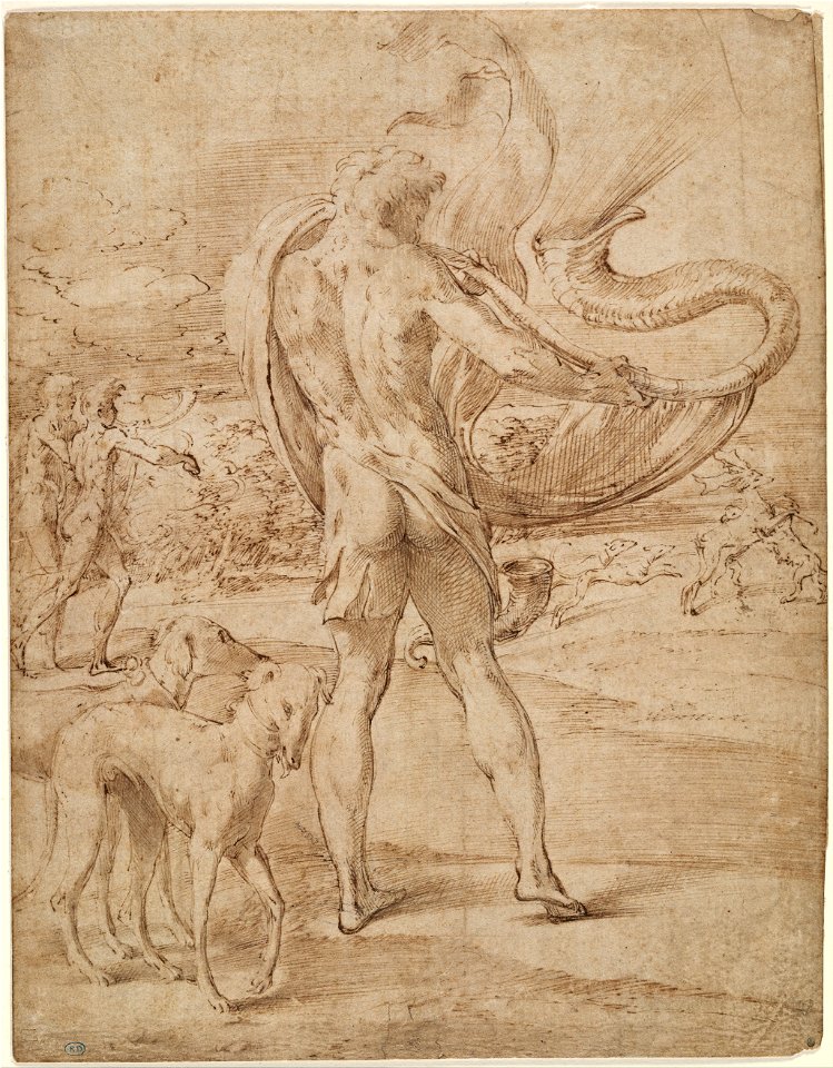 Parmigianino - Huntsmen sounding his horn with a staghunt in the distance - Google Art Project