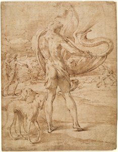 Parmigianino - Huntsmen sounding his horn with a staghunt in the distance - Google Art Project