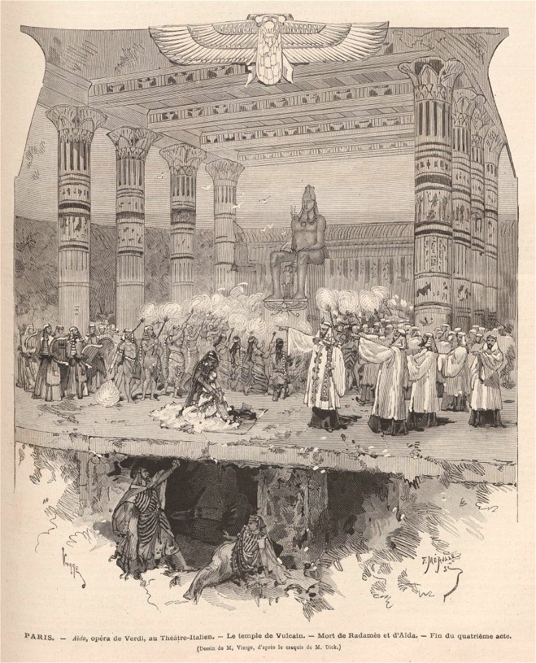 Paris, Aïda, opéra de Verdi, au Théâtre-Italien, Le temple de Vulcain, Mort de Radamès et d'Aïda, fin du quatrième acte (Dessin de M Vierge, d'après le croquis de M Dick)