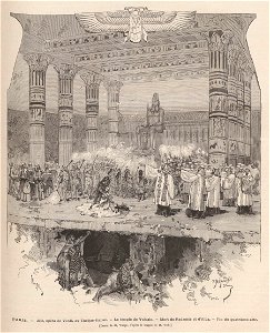 Paris, Aïda, opéra de Verdi, au Théâtre-Italien, Le temple de Vulcain, Mort de Radamès et d'Aïda, fin du quatrième acte (Dessin de M Vierge, d'après le croquis de M Dick)