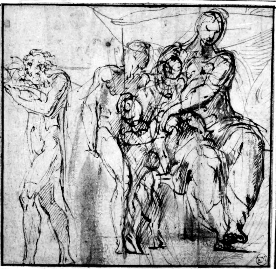 Parmigianino - Study for the Madonna dal collo lungo with the Infant St. John and a Male Saint; a Man Walking to the Left, NMH 2551863 recto