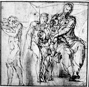 Parmigianino - Study for the Madonna dal collo lungo with the Infant St. John and a Male Saint; a Man Walking to the Left, NMH 2551863 recto. Free illustration for personal and commercial use.