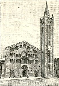 Parma facciata del Duomo xilografia