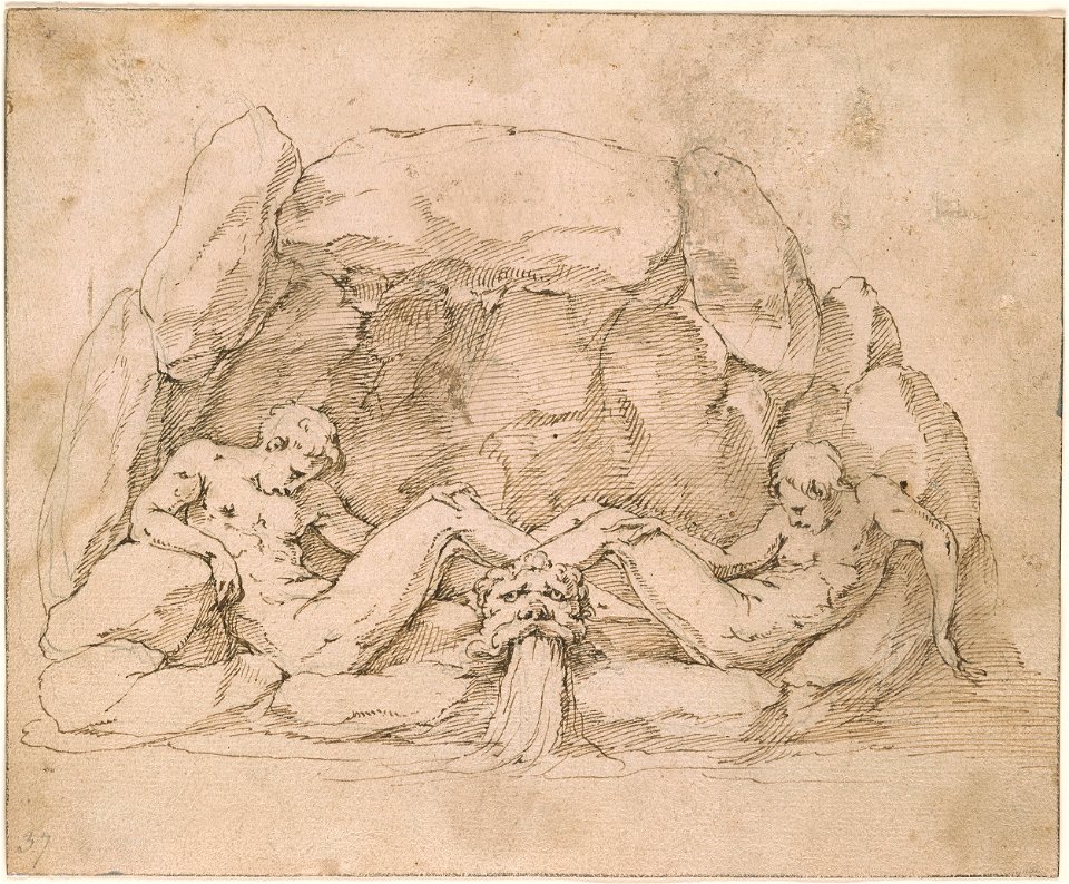 Parmigianino - Follower of - Fountain with Two Nude Reclining Youths in a Grotto, IV, 26
