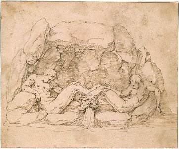 Parmigianino - Follower of - Fountain with Two Nude Reclining Youths in a Grotto, IV, 26