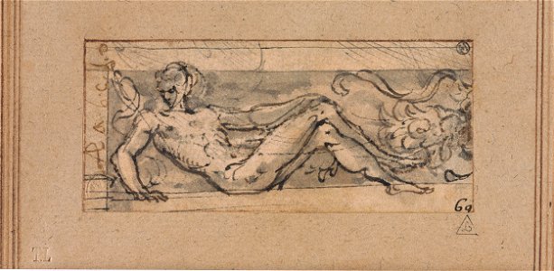 Parmigianino - Reclining Male Nude with Legs Crossed and Part of a Festoon, I, 46d2