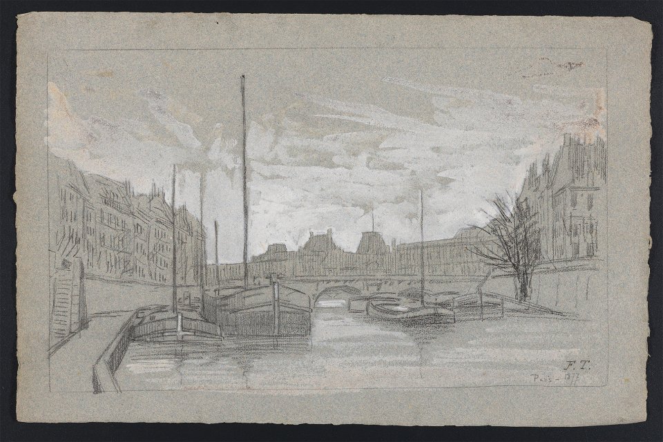 Paris (bateaux sur la Seine près d'un pont) 1877 drawing by Jean-François Taelemans, R-2009-26333, Prints Department, Royal Library of Belgium