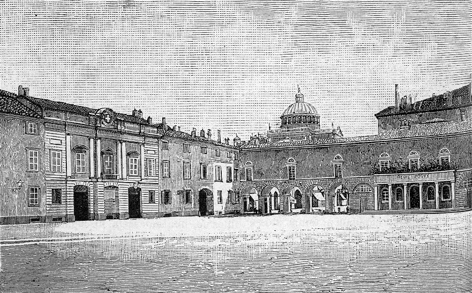 Parma – Piazza della Posta, Telegrafo e Prefettura (xilografia)