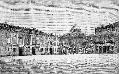 Parma – Piazza della Posta, Telegrafo e Prefettura (xilografia)