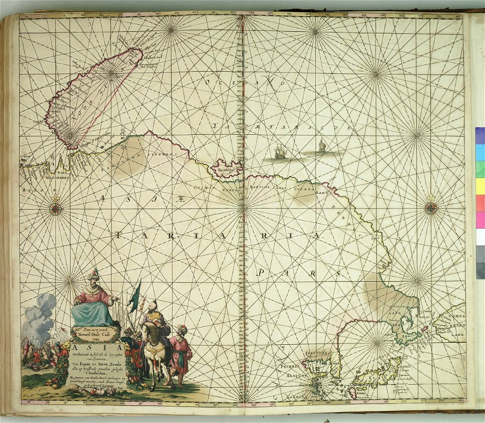 Pascaarte vande noord oost cust van Asia verthoonende in sich alle de zee-custen van Tartarien, van Japan tot Nova Zemla RMG F8173