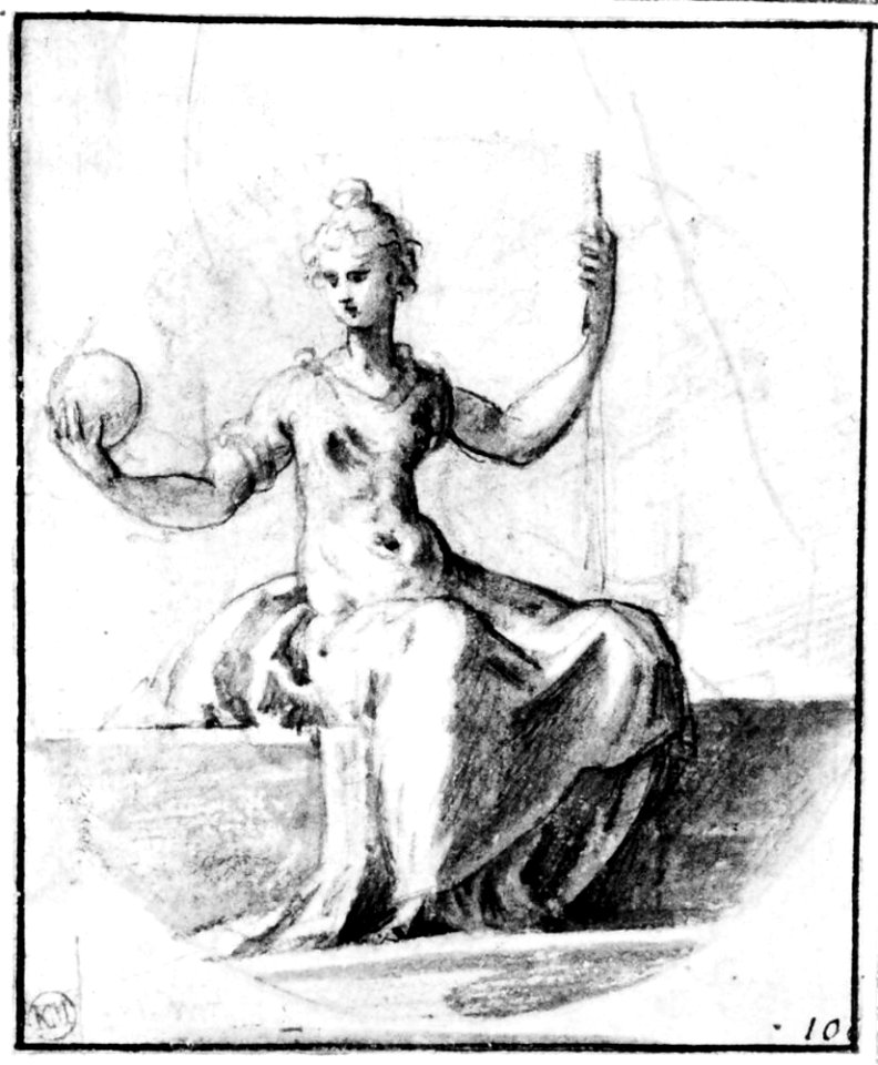 Parmigianino - Draped Woman Seated to the Front, Holding a Globe in her Right Hand, a Staff in her Left, NMH 2541863