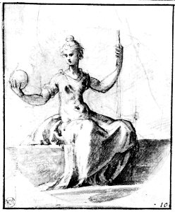 Parmigianino - Draped Woman Seated to the Front, Holding a Globe in her Right Hand, a Staff in her Left, NMH 2541863