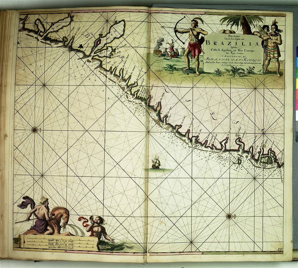 Pas-kaart van de zee-kusten van Brazilia, tusschen Cabo S. Augostino en Rio Coroipo RMG F8158