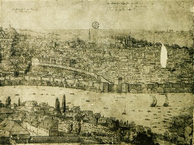Part of the panoramic view of Constantinople- Kasimpasa shipyard is visible on the right - Lorck Melchior - 1559 (cropped)