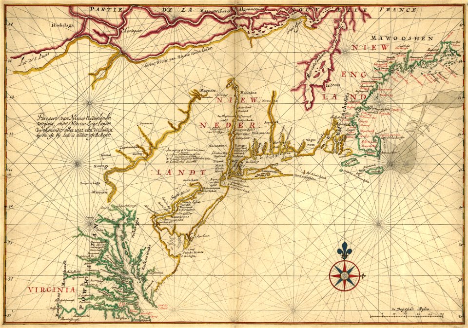 Pascaert van Nieuw Nederlandt Virginia, ende Nieuw-Engelandt verthonendt alles wat van die landin by See, oft by land is ondect oft Bekent. LOC 2003623405