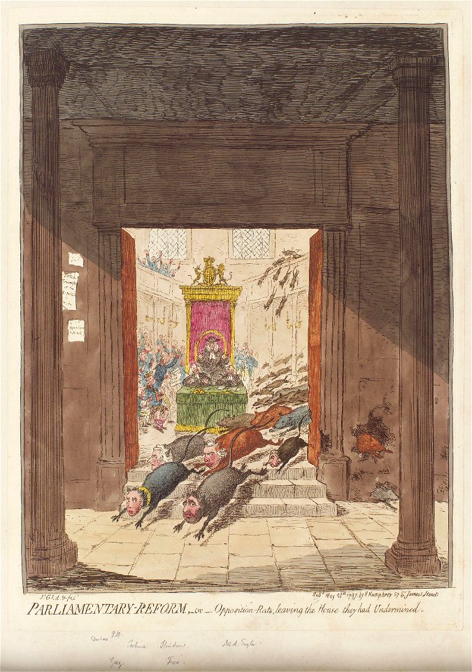Parliamentary-reform, - or - opposition-rats, leaving the house they had undermined by James Gillray