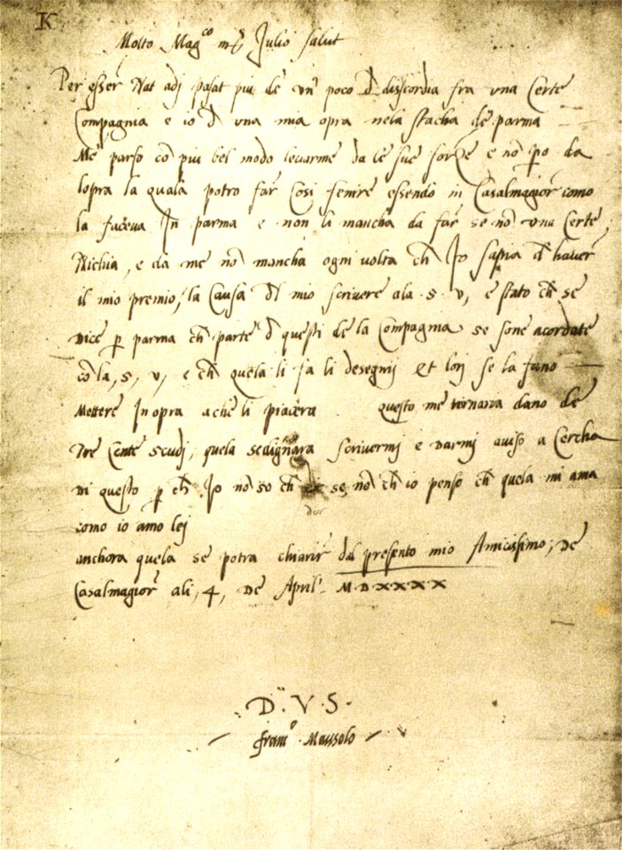 Parmigianino, lettera a giulio romano, 1540, archivio dell'ordine costantiniano di san giorgio, parma