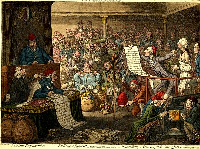 Patriotic regeneration,-viz.-parliament reform'd, a la Francoise, -that is-honest men (I.E.-opposition.) In the seat of justice. Vide Carmagnol Expectations. (BM J,3.106)