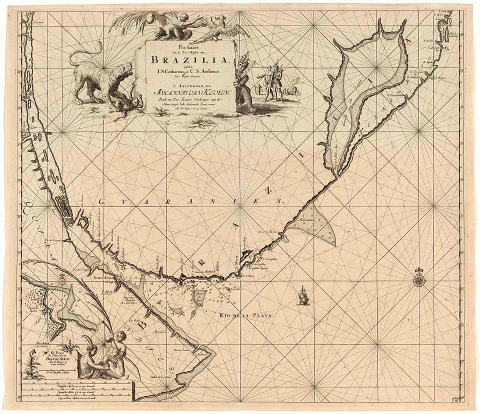Paskaart van een deel van de kust van Brazilie, Uruguay en Argentinie