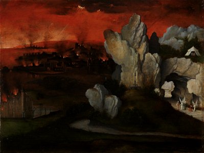 Joachim Patinir - Landscape with the Destruction of Sodom and Gomorrah - Google Art Project. Free illustration for personal and commercial use.