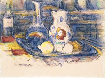 Paul Cézanne - Bouteille, carafe, broc et citrons. Free illustration for personal and commercial use.