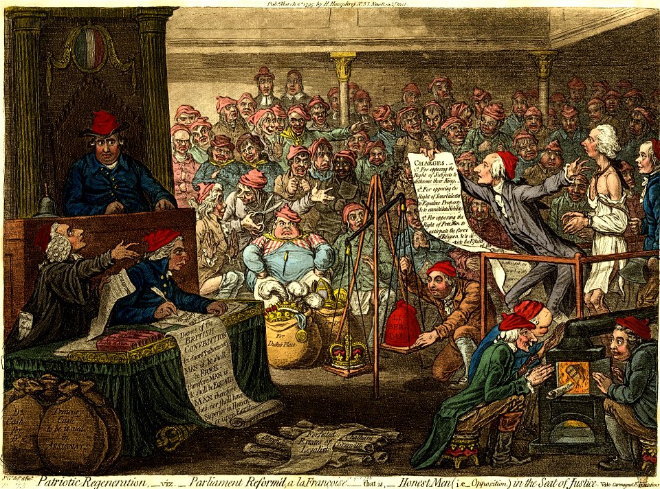 Patriotic regeneration,-viz.-parliament reform'd, a la Francoise, -that is-honest men (I.E.-opposition.) In the seat of justice. Vide Carmagnol Expectations. (BM 1851,0901.723)